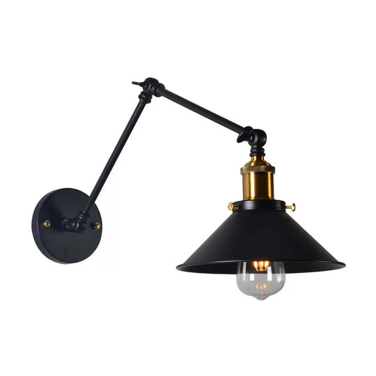 Black/White-Brass Reading Wall Lamp With Swing Arm - Iron Conical 1-Light Factory Lighting