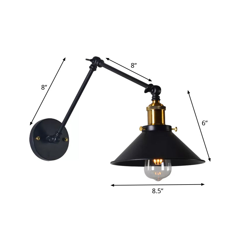 Black/White-Brass Reading Wall Lamp With Swing Arm - Iron Conical 1-Light Factory Lighting