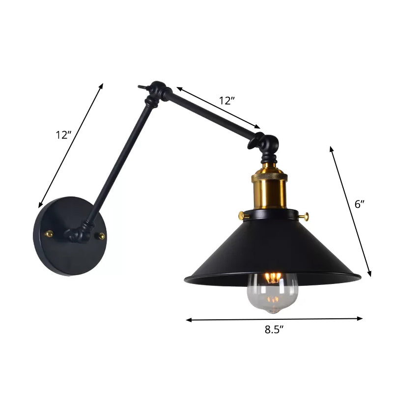 Black/White-Brass Reading Wall Lamp With Swing Arm - Iron Conical 1-Light Factory Lighting