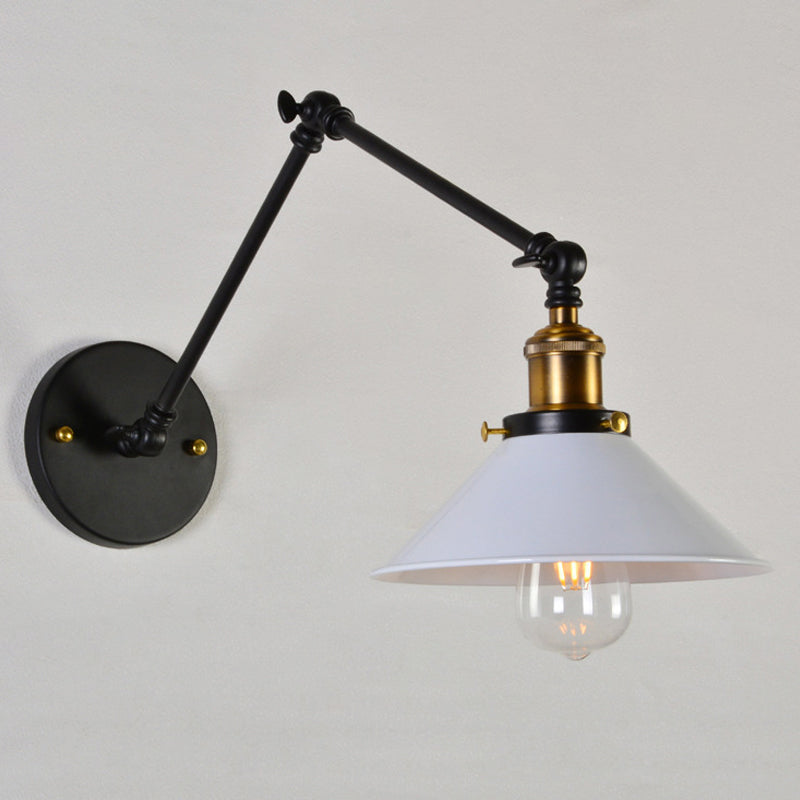 Black/White-Brass Reading Wall Lamp With Swing Arm - Iron Conical 1-Light Factory Lighting