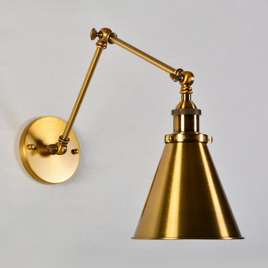 Antique Brass Wall Light With Flexible Swivel Arm And Conic Mount - 1 Bulb Fixture