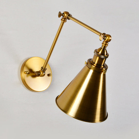 Antique Brass Wall Light With Flexible Swivel Arm And Conic Mount - 1 Bulb Fixture