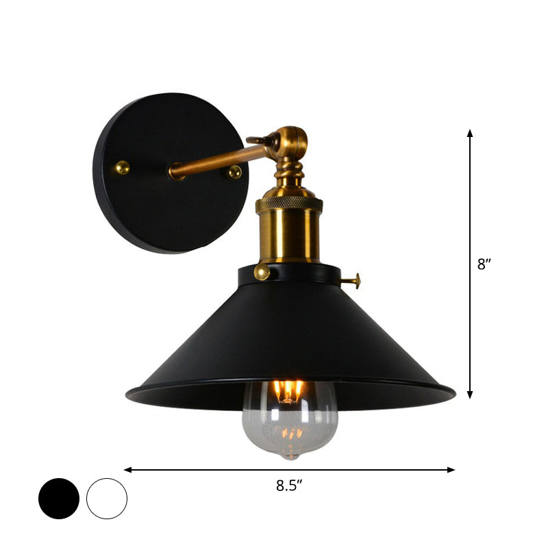 Countryside Metal Cone Kitchen Wall Lamp - Adjustable Joint Black/White-Brass Finish 1-Bulb Mount