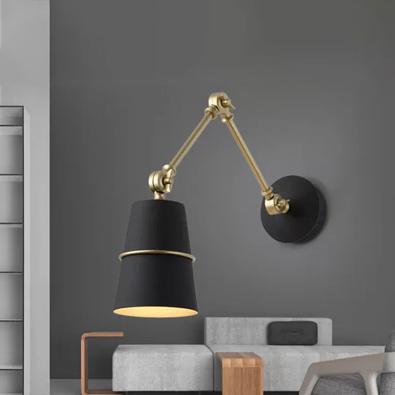 Nordic Black/White Swing Arm Wall Lamp - Stylish 1-Light Tapered Shade Reading Light For Bedroom