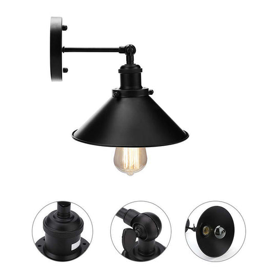 Vintage Metal Wall Lamp With Rotatable Conic Shade For Bedside Reading - Black 1/2-Head Mount Light