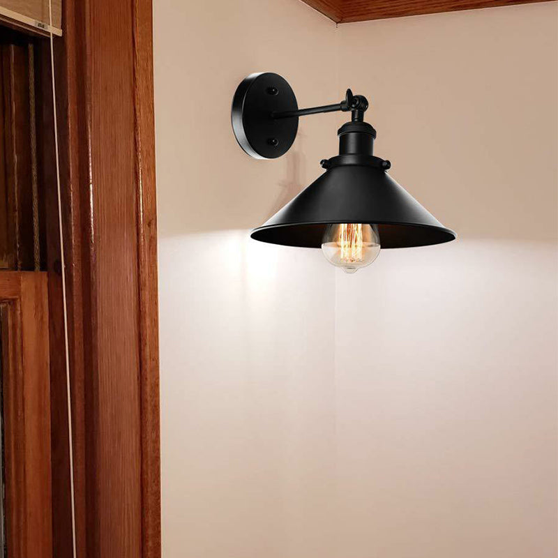 Vintage Metal Wall Lamp With Rotatable Conic Shade For Bedside Reading - Black 1/2-Head Mount Light