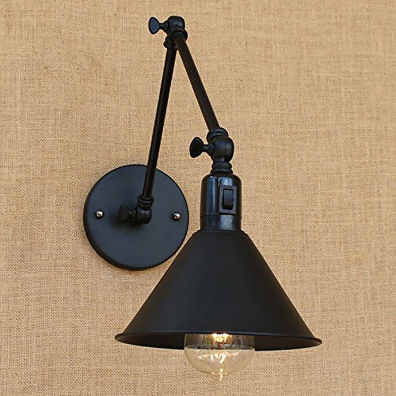 Vintage Black Cone Wall Lamp Kit With Swing Arm & On/Off Button For Bedroom - Iron 1/2-Head Mount