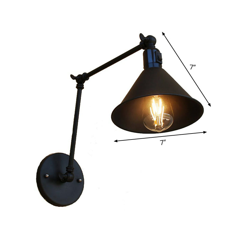 Vintage Black Cone Wall Lamp Kit With Swing Arm & On/Off Button For Bedroom - Iron 1/2-Head Mount