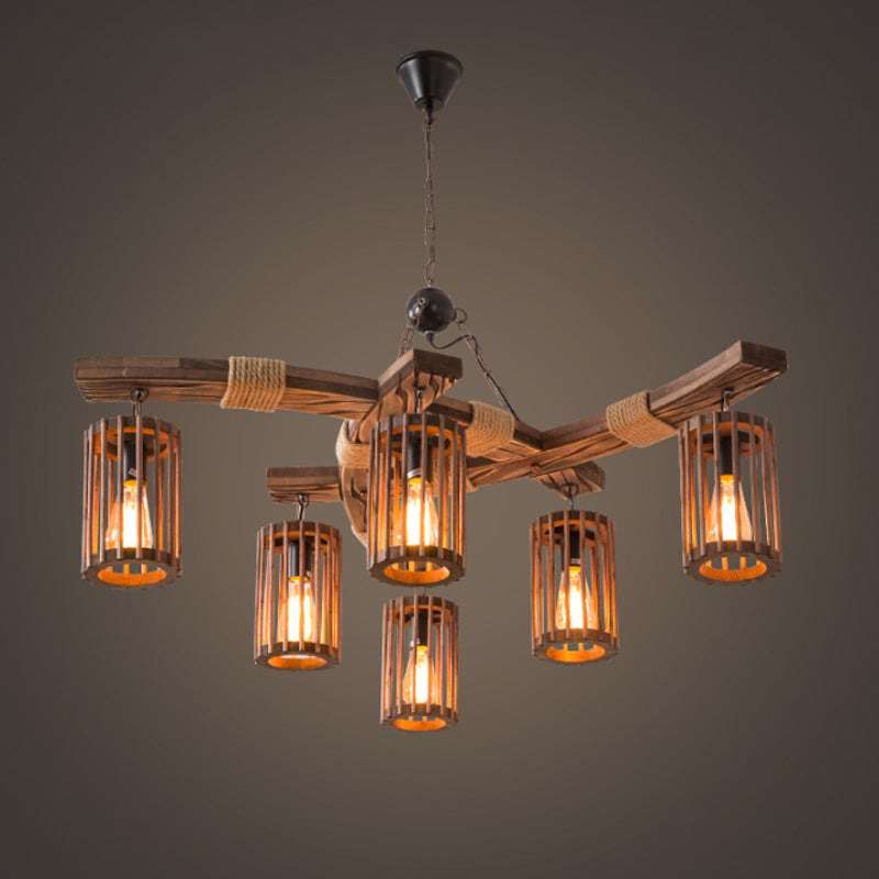 Lodge 6-Bulb Wood Caged Hanging Chandelier - Dining Room Pendant Light With Rope Detail In