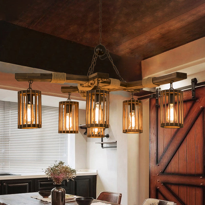 Rustic Lodge Chandelier: Wood Cage Pendant Light with Rope Detail - 6 Bulb Dining Room Ceiling Fixture in Black/Brown