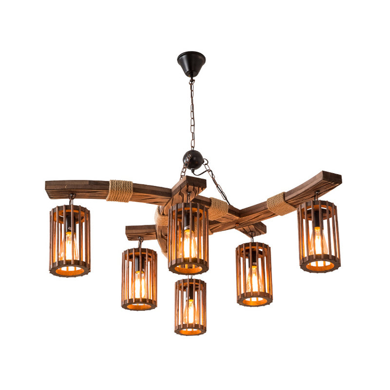 Lodge 6-Bulb Wood Caged Hanging Chandelier - Dining Room Pendant Light With Rope Detail In