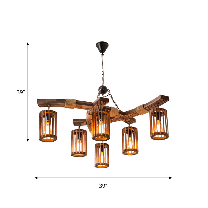 Lodge 6-Bulb Wood Caged Hanging Chandelier - Dining Room Pendant Light With Rope Detail In