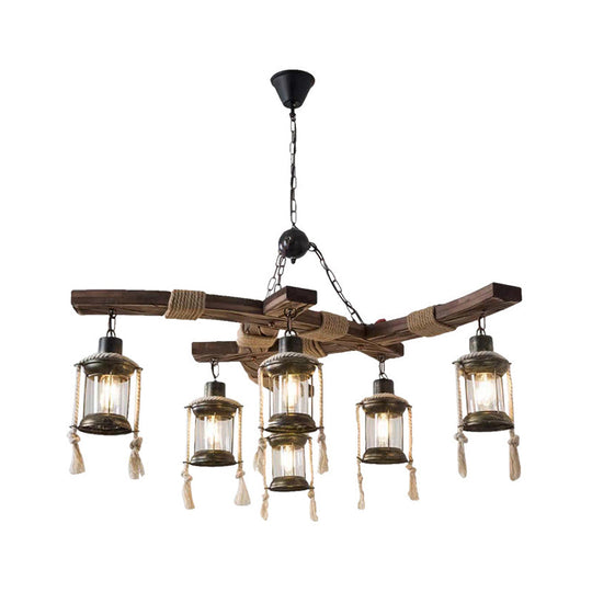 Rustic Lodge Chandelier: Wood Cage Pendant Light with Rope Detail - 6 Bulb Dining Room Ceiling Fixture in Black/Brown