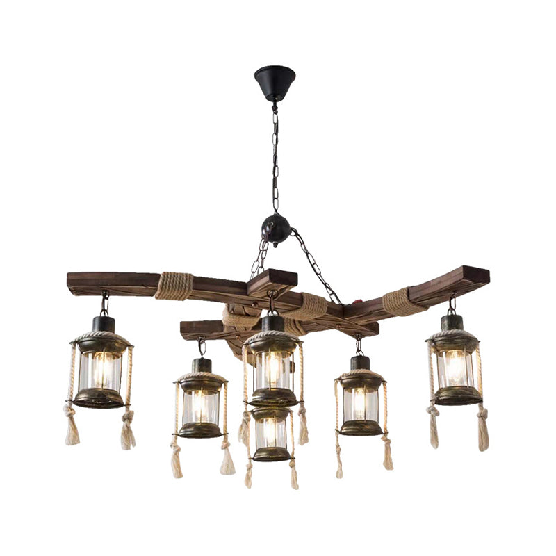 Lodge 6-Bulb Wood Caged Hanging Chandelier - Dining Room Pendant Light With Rope Detail In