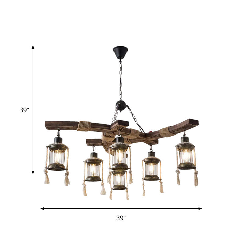 Lodge 6-Bulb Wood Caged Hanging Chandelier - Dining Room Pendant Light With Rope Detail In