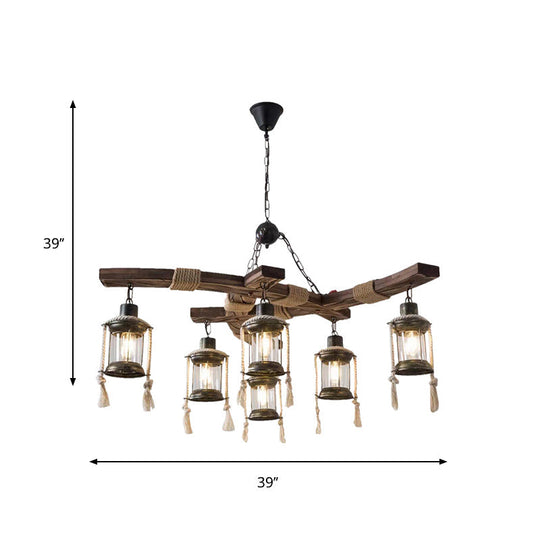 Lodge 6-Bulb Wood Caged Hanging Chandelier - Dining Room Pendant Light With Rope Detail In