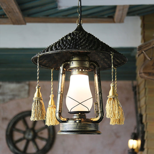 Rustic Cream Glass Hanging Pendant Lamp With Bronze Finish - Kerosene Ceiling Suspension Light