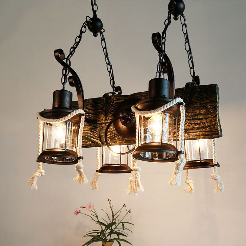 Nautical Wood Board Black Island Lamp - 4-Light Linear Suspension Lighting With Lantern And Hemp