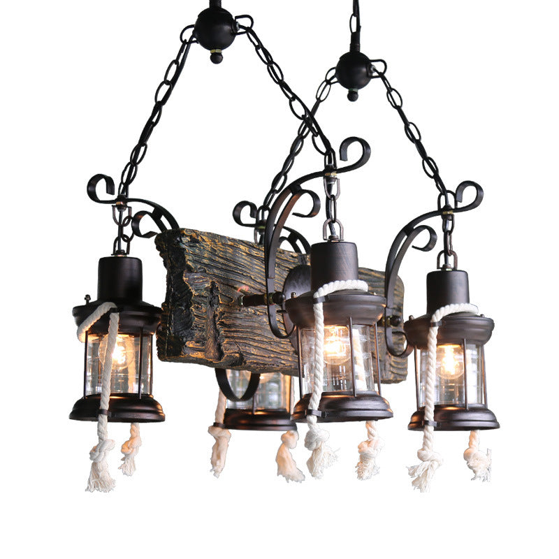 Nautical Wood Board Black Island Lamp - 4-Light Linear Suspension Lighting With Lantern And Hemp