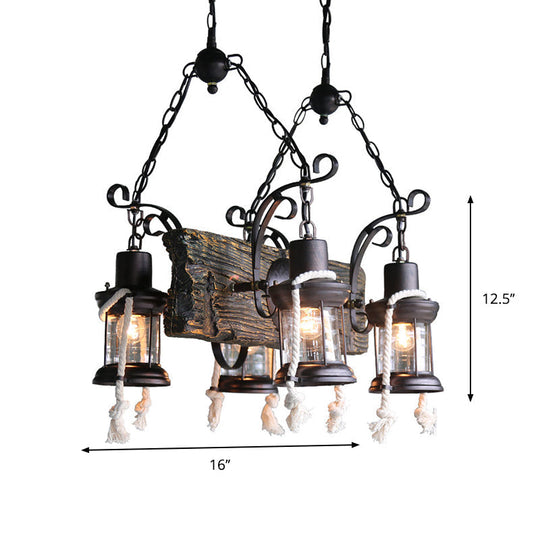 Nautical Wood Board Black Island Lamp - 4-Light Linear Suspension Lighting With Lantern And Hemp