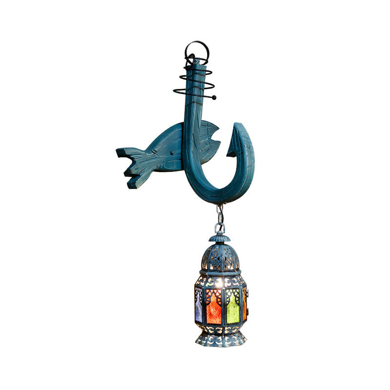 Turkish Blue Wooden Wall Mount Censer Light With Fish Backplate