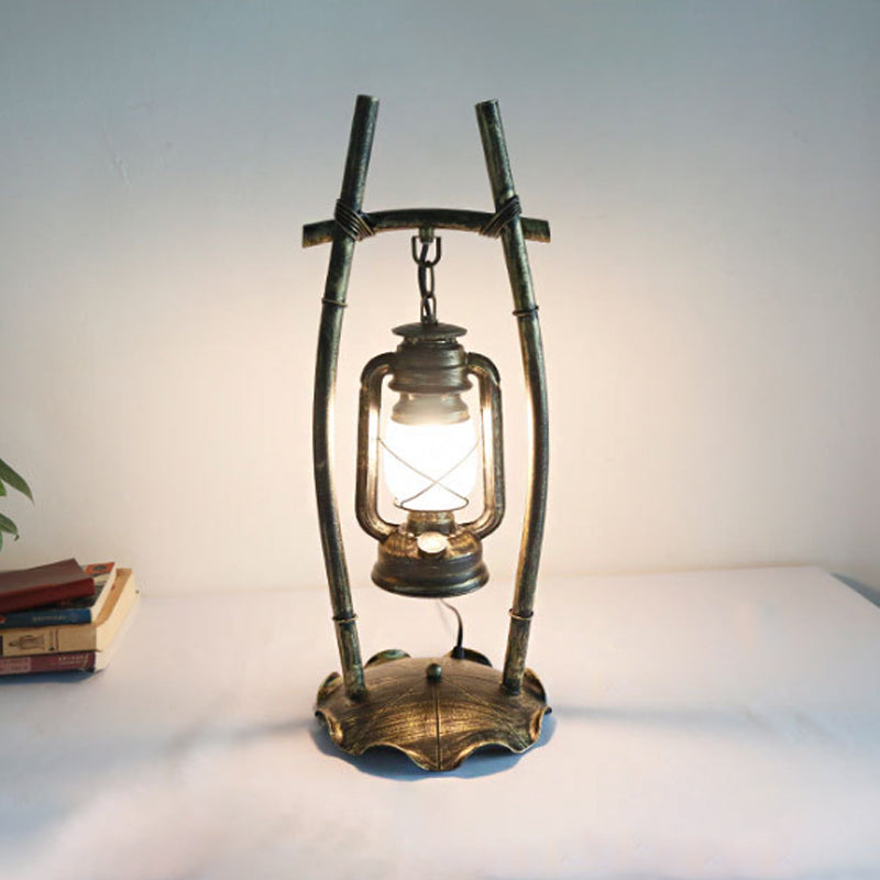 Silvia - Antiqued Brass Farmhouse Night Lamp: Opal Glass Kerosene Table Light