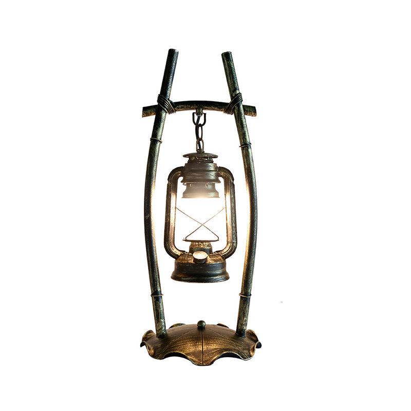 Opal Glass Kerosene Table Light With Antiqued Brass Frame And Farmhouse-Inspired Design