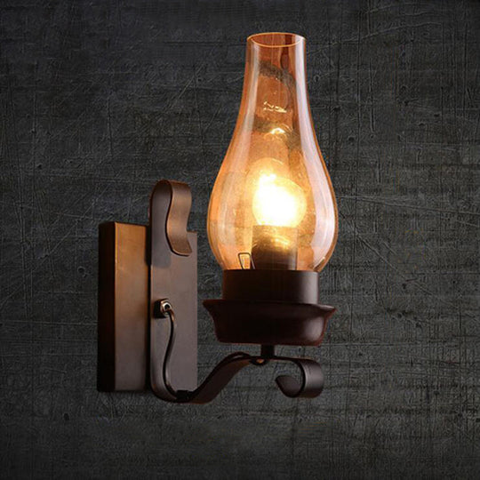 Candle/Kerosene Wall Lamp With Scroll Arm In Black - Loft Style White/Brown Glass 1-Bulb