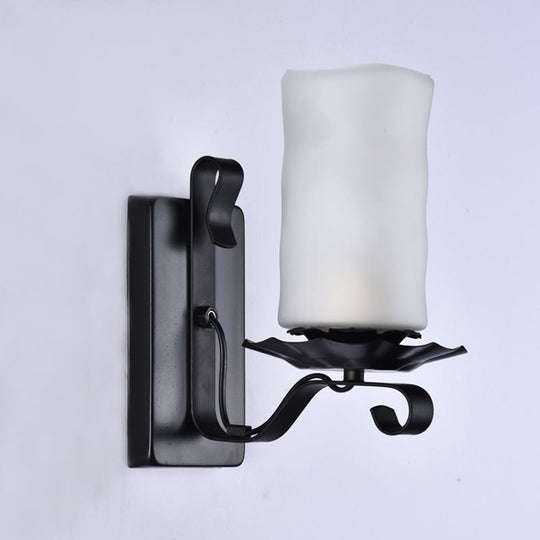 Candle/Kerosene Wall Lamp With Scroll Arm In Black - Loft Style White/Brown Glass 1-Bulb