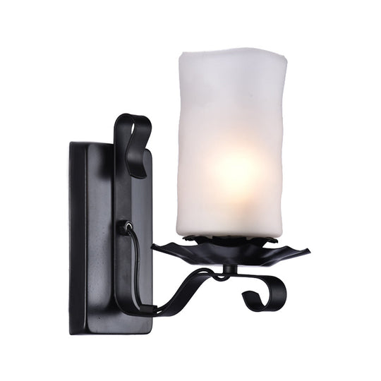 Candle/Kerosene Wall Lamp With Scroll Arm In Black - Loft Style White/Brown Glass 1-Bulb