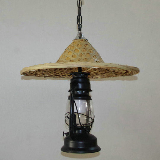 Rustic Kerosene Pendant Light with Clear Glass and Coolie Hat Deco - Black/Bronze/Copper Finish