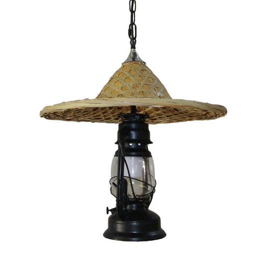 Rustic Clear Glass Kerosene Pendant Ceiling Hang Light In Black/Bronze/Copper With Coolie Hat Deco