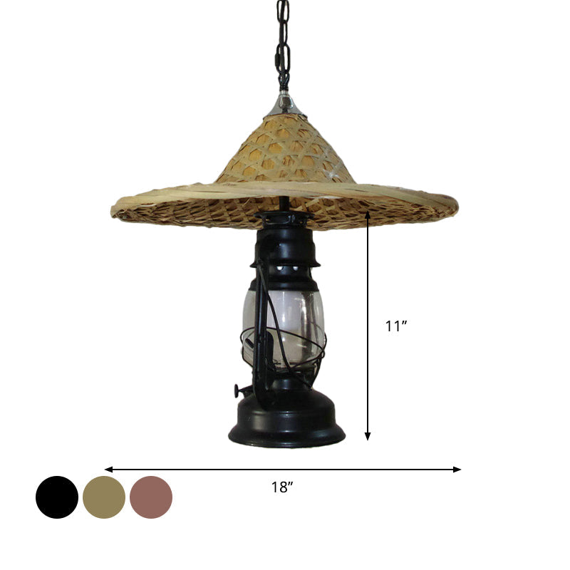 Rustic Kerosene Pendant Light with Clear Glass and Coolie Hat Deco - Black/Bronze/Copper Finish