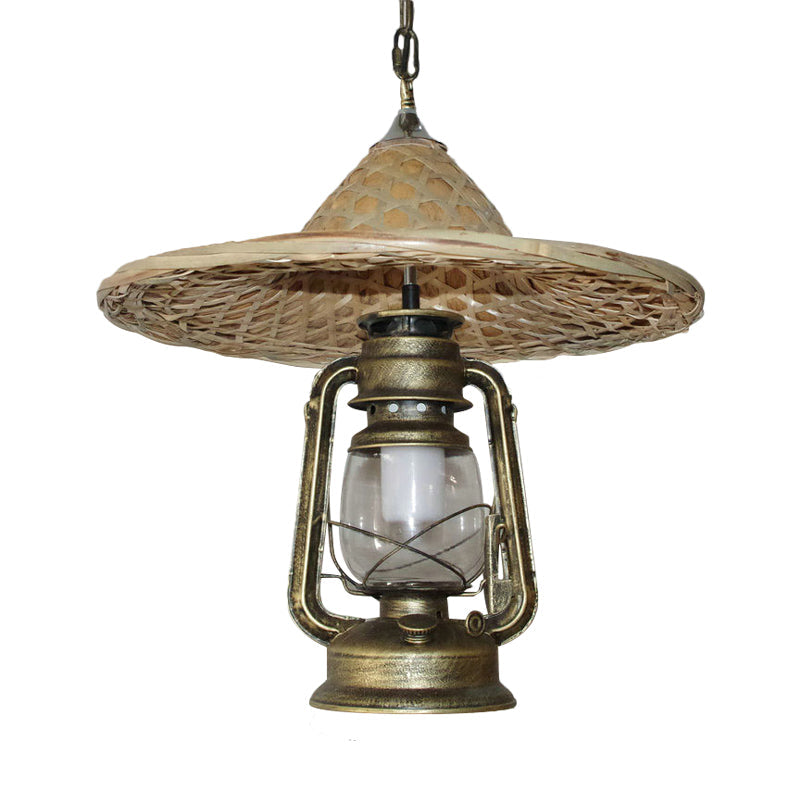 Rustic Kerosene Pendant Light with Clear Glass and Coolie Hat Deco - Black/Bronze/Copper Finish