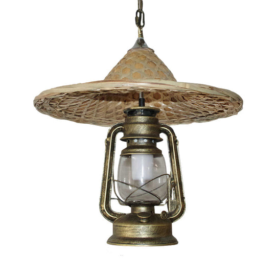 Rustic Clear Glass Kerosene Pendant Ceiling Hang Light In Black/Bronze/Copper With Coolie Hat Deco