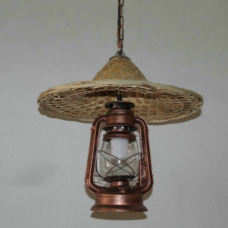 Rustic Kerosene Pendant Light with Clear Glass and Coolie Hat Deco - Black/Bronze/Copper Finish