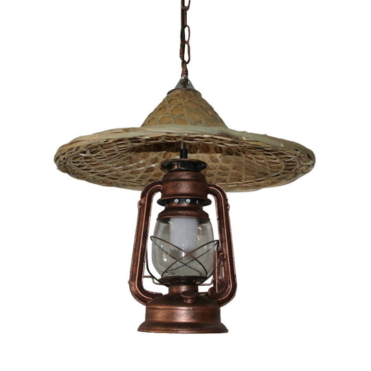 Rustic Kerosene Pendant Light with Clear Glass and Coolie Hat Deco - Black/Bronze/Copper Finish