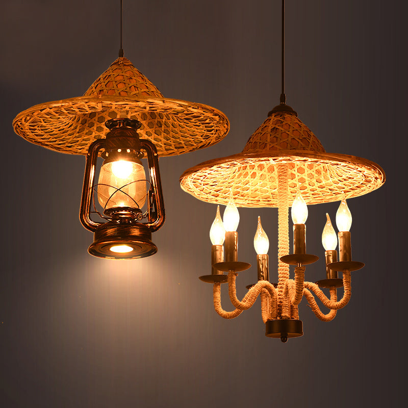 Bamboo-Woven Hat Top Bistro Ceiling Chandelier - Lodge Jute Rope Candle Style 6/7 Bulb Brown Hanging