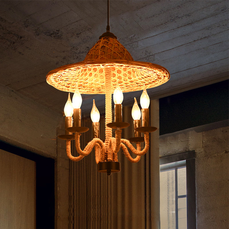 Bamboo-Woven Hat Top Bistro Ceiling Chandelier - Lodge Jute Rope Candle Style 6/7 Bulb Brown Hanging