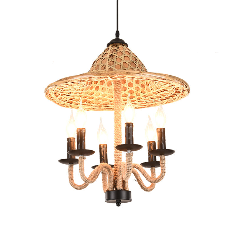 Lodge Jute Rope Ceiling Chandelier with Bamboo-Woven Hat Top - 6/7 Bulbs Brown Hanging Lamp