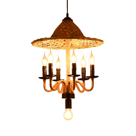 Lodge Jute Rope Ceiling Chandelier with Bamboo-Woven Hat Top - 6/7 Bulbs Brown Hanging Lamp