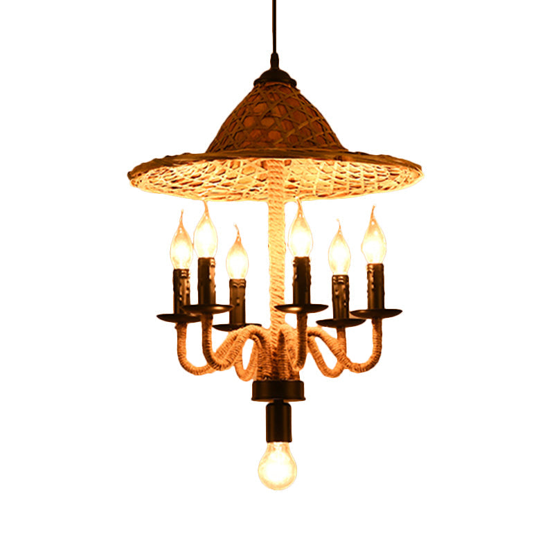 Bamboo-Woven Hat Top Bistro Ceiling Chandelier - Lodge Jute Rope Candle Style 6/7 Bulb Brown Hanging