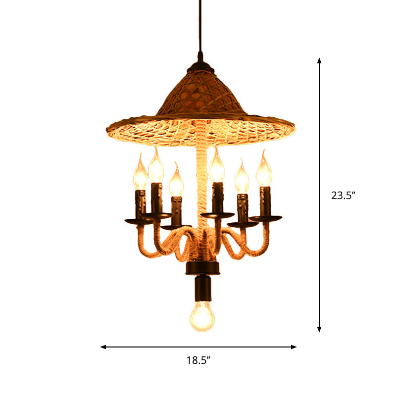 Lodge Jute Rope Ceiling Chandelier with Bamboo-Woven Hat Top - 6/7 Bulbs Brown Hanging Lamp