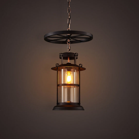 Industrial Cage Pendant Lamp With Wheel Decoration - Cylindrical Metal Black Finish