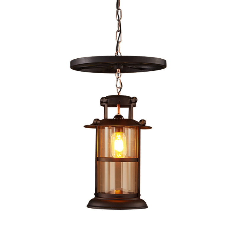 Industrial Cage Pendant Lamp With Wheel Decoration - Cylindrical Metal Black Finish