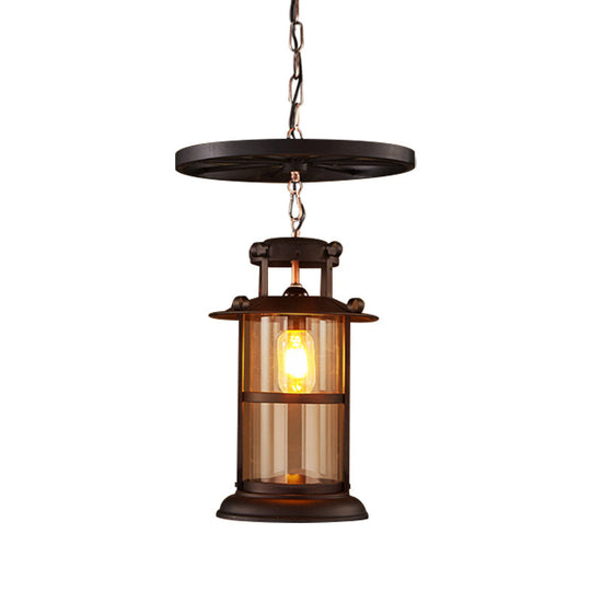 Industrial Cage Pendant Lamp With Wheel Decoration - Cylindrical Metal Black Finish