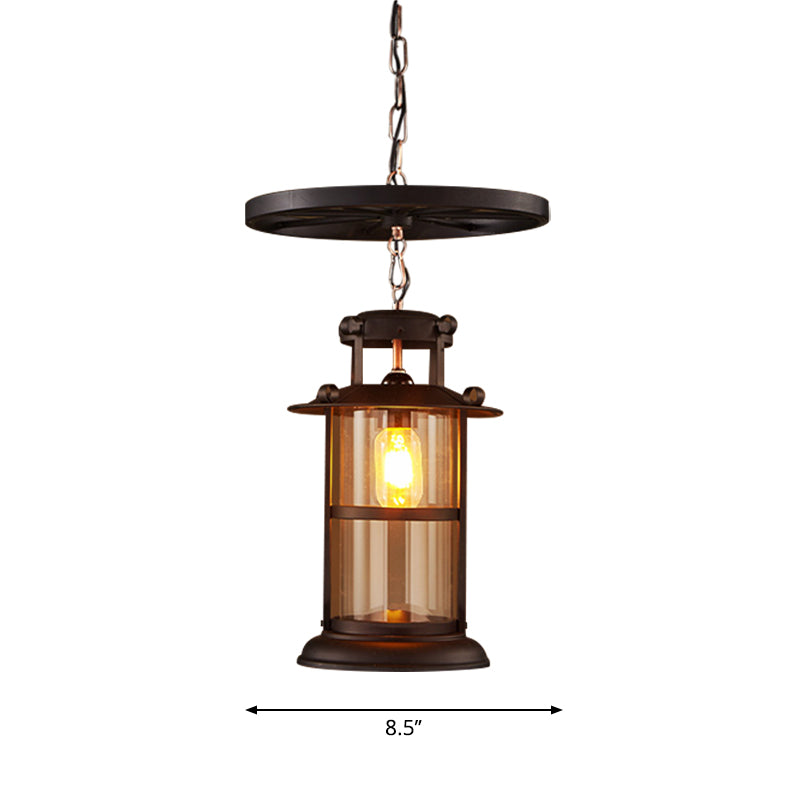 Industrial Cage Pendant Lamp With Wheel Decoration - Cylindrical Metal Black Finish