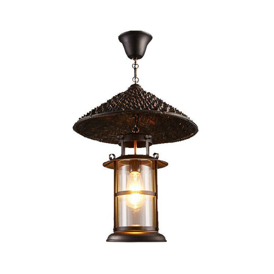 Black Rural Pendant Light With Transparent Glass Cylinder And Pointy Hat Decoration