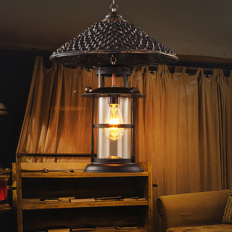 Rustic Black Hanging Pendant Light with Transparent Glass Cylinder and Pointy Hat Decoration, Single Bulb