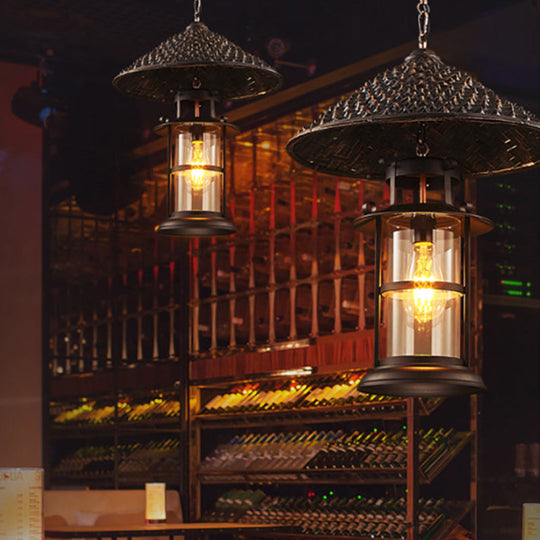 Black Rural Pendant Light With Transparent Glass Cylinder And Pointy Hat Decoration